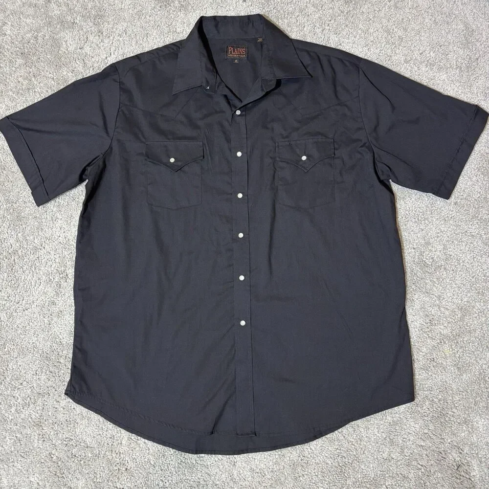 Plains Western Wear Pearl Snap Shirt Mens XL Black Short Sleeve Ranch Cowboy